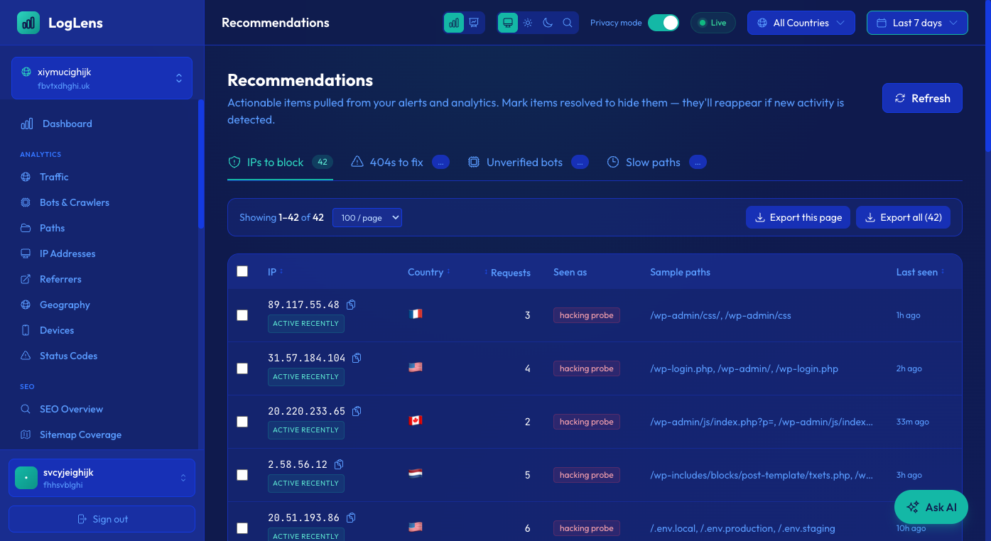 Per-tab CSV exports on the Recommendations page